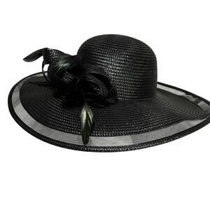 Bellisima black synthetic straw sun hat wide illusion brim bow & feathers drama